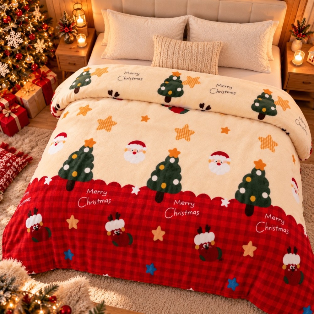 Patura Pufoasa Cocolino, model de Craciun, 200x230 cm, 240 g/mp, Crem, Rosu, Brazi de Craciun — imaginea 3