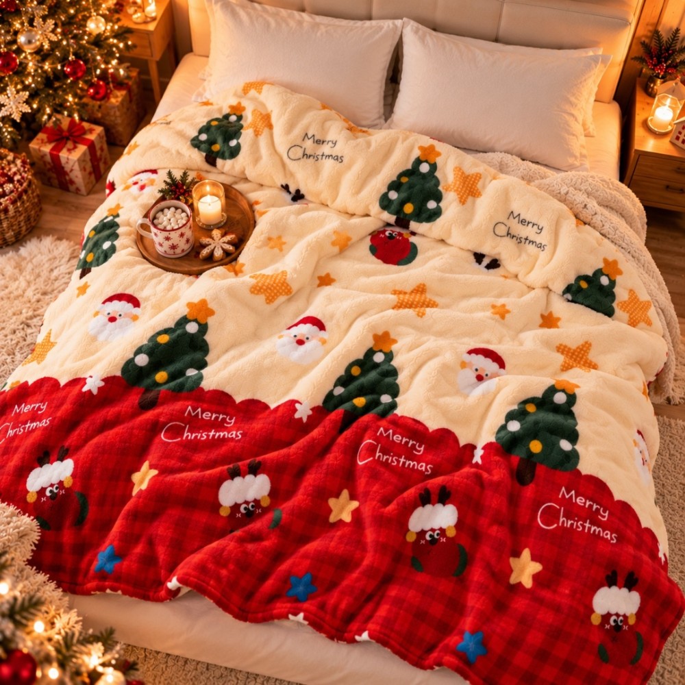 Patura Pufoasa Cocolino, model de Craciun, 200x230 cm, 240 g/mp, Crem, Rosu, Brazi de Craciun — imaginea 4