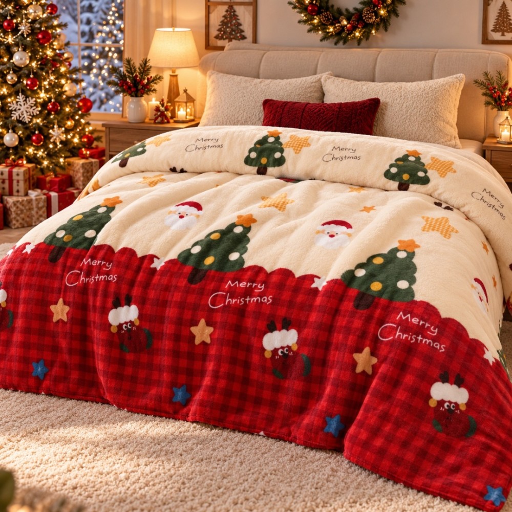 Patura Pufoasa Cocolino, model de Craciun, 200x230 cm, 240 g/mp, Crem, Rosu, Brazi de Craciun — imaginea 5