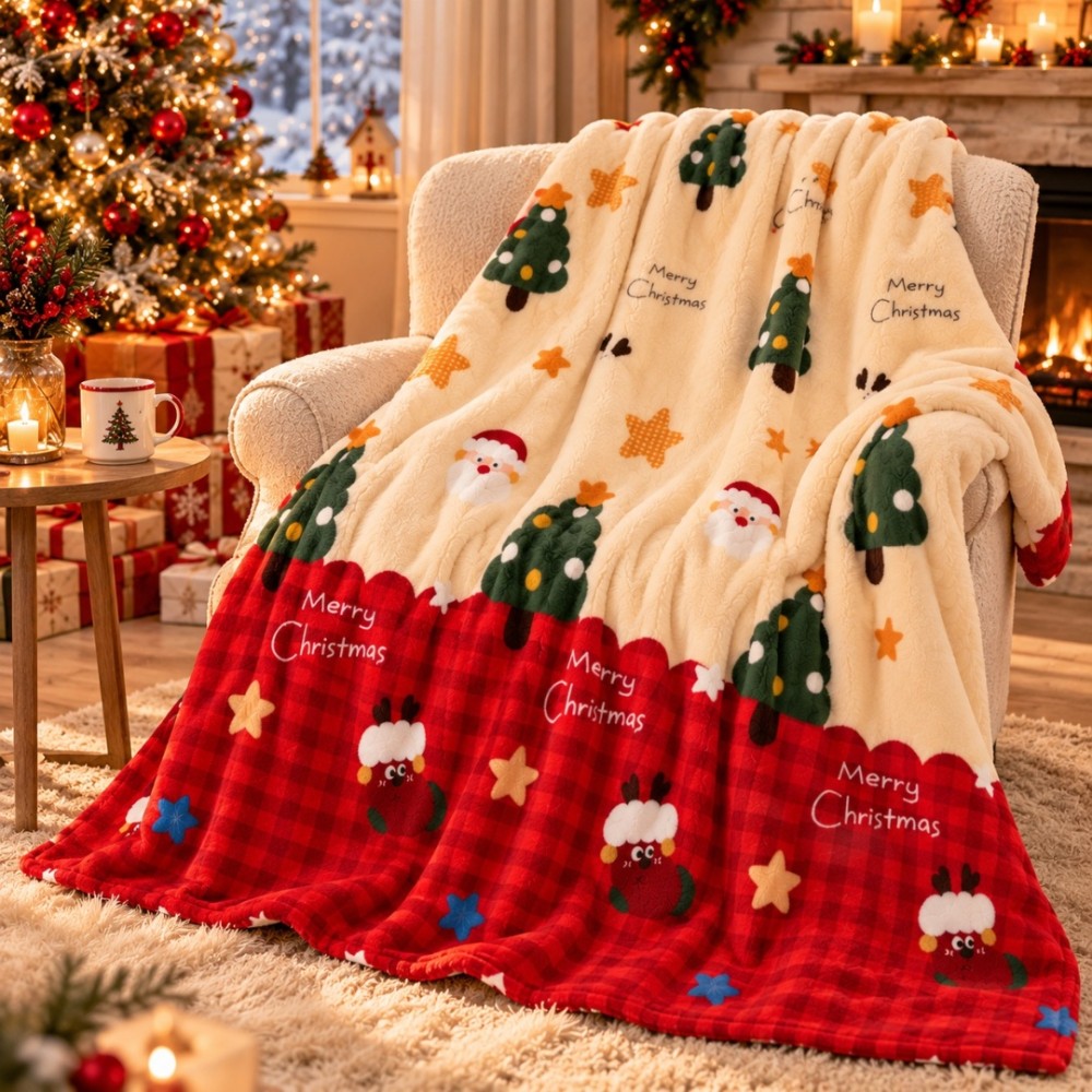 Patura Pufoasa Cocolino, model de Craciun, 200x230 cm, 240 g/mp, Crem, Rosu, Brazi de Craciun — imaginea 6