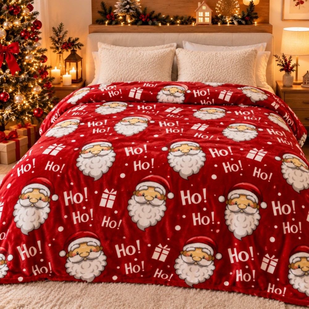 Patura Pufoasa Cocolino, model de Craciun, 200x230 cm, 240 g/mp, Rosu, Alb, Ho! Ho! Ho! — imaginea 2