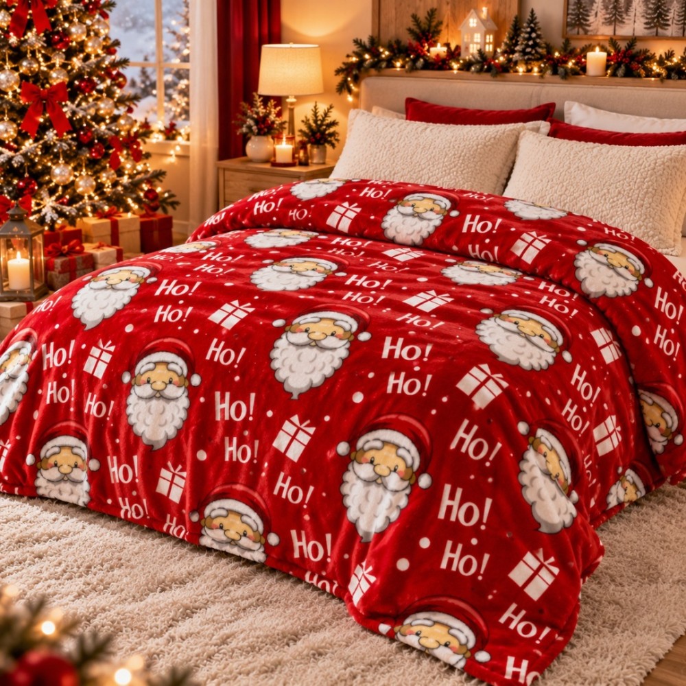 Patura Pufoasa Cocolino, model de Craciun, 200x230 cm, 240 g/mp, Rosu, Alb, Ho! Ho! Ho! — imaginea 3