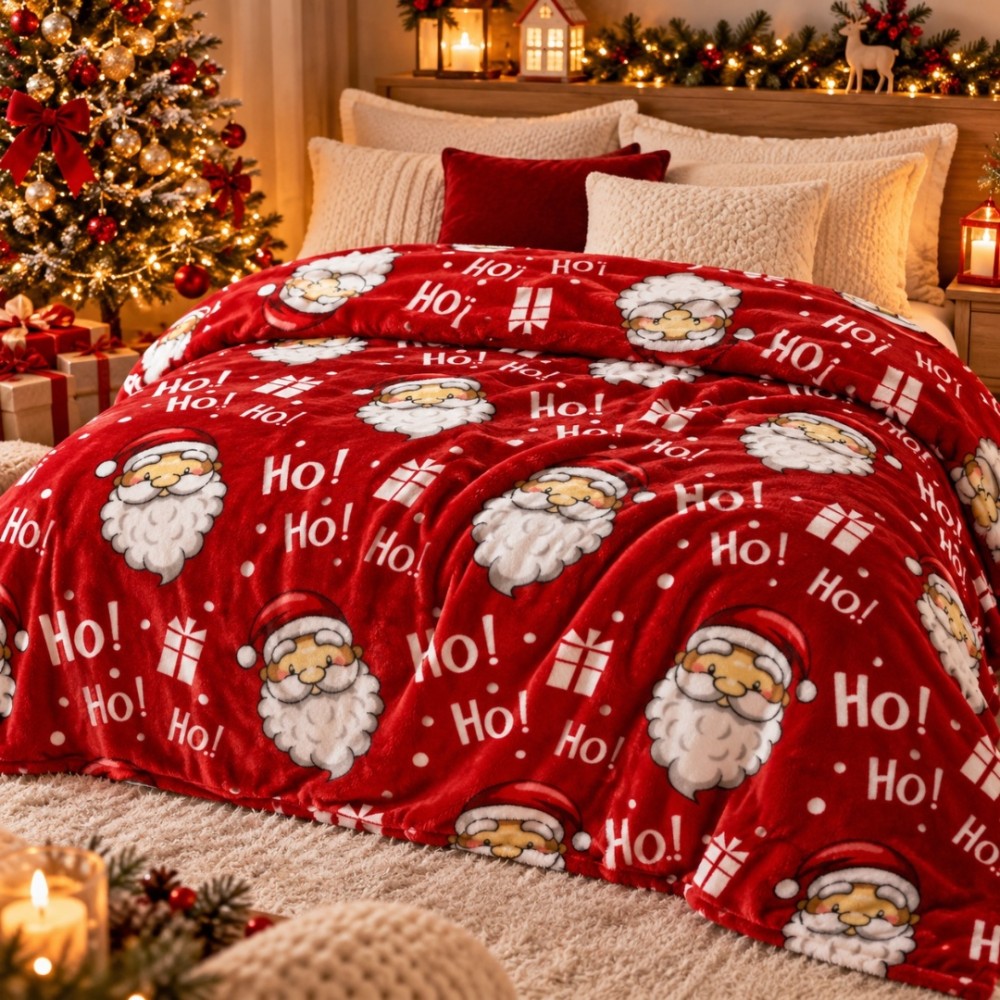 Patura Pufoasa Cocolino, model de Craciun, 200x230 cm, 240 g/mp, Rosu, Alb, Ho! Ho! Ho! — imaginea 4