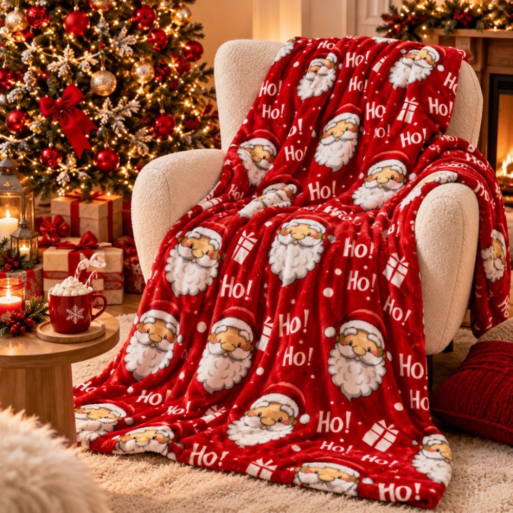Patura Pufoasa Cocolino, model de Craciun, 200x230 cm, 240 g/mp, Rosu, Alb, Ho! Ho! Ho! — imaginea 6