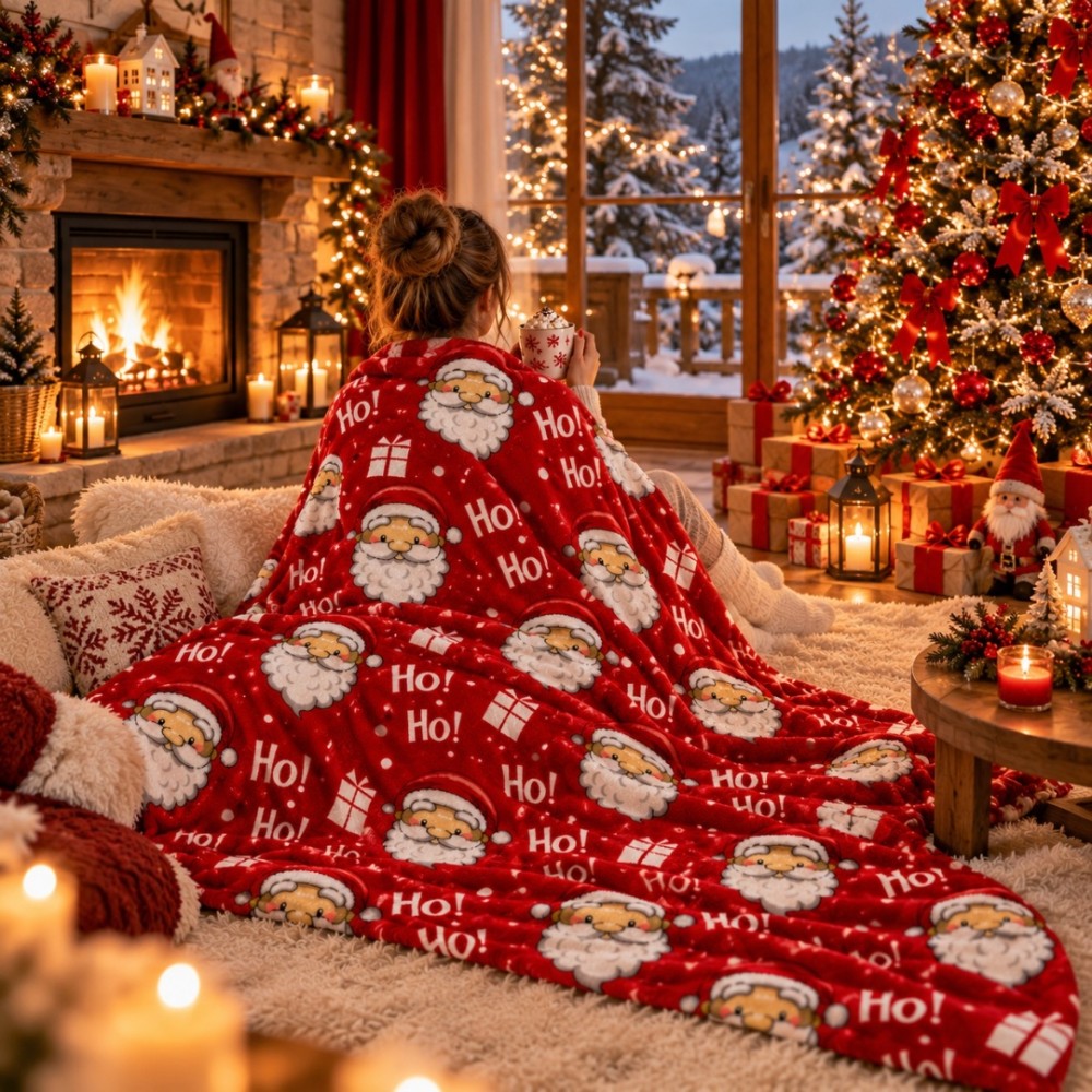 Patura Pufoasa Cocolino, model de Craciun, 200x230 cm, 240 g/mp, Rosu, Alb, Ho! Ho! Ho! — imaginea 7