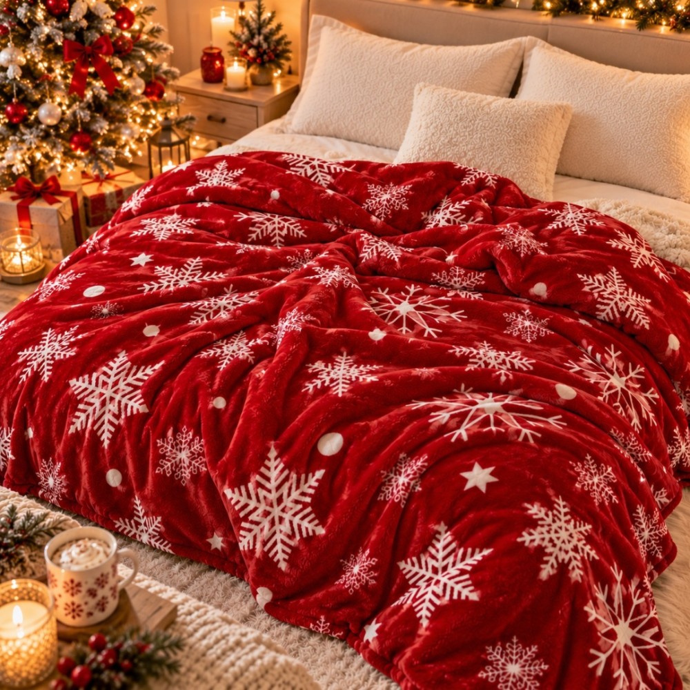 Patura Pufoasa Cocolino, model de Craciun, 200x230 cm, 240 g/mp, Rosu, Alb, Fulgi de Nea — imaginea 4