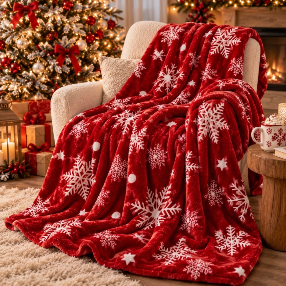 Patura Pufoasa Cocolino, model de Craciun, 200x230 cm, 240 g/mp, Rosu, Alb, Fulgi de Nea — imaginea 7
