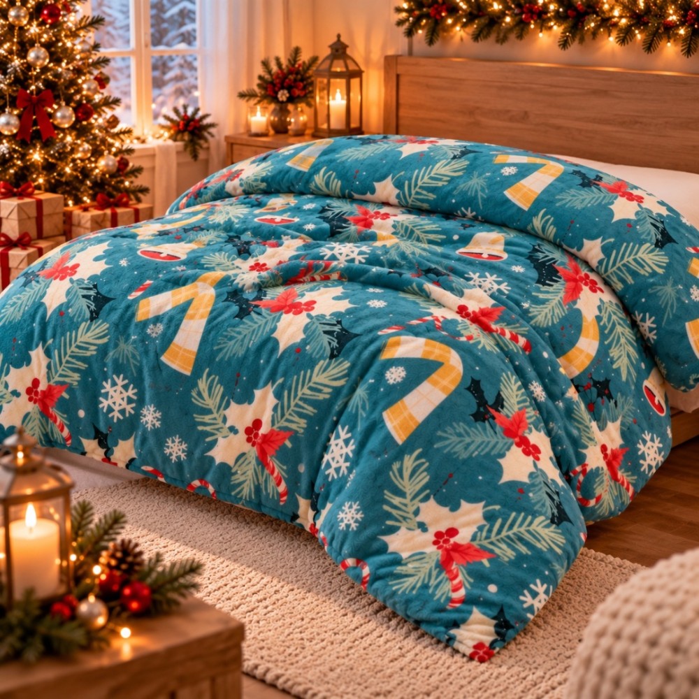 Patura Pufoasa Cocolino, model de Craciun, 200x230 cm, 240 g/mp, Bleu, Motive de Sarbatoare — imaginea 3