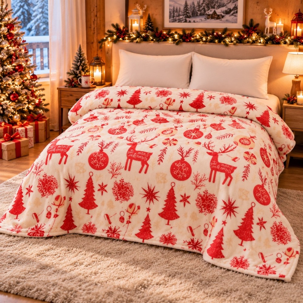 Patura Pufoasa Cocolino, model de Craciun, 200x230 cm, 240 g/mp, Crem, Reni, Braduti si Decoratiuni — imaginea 2