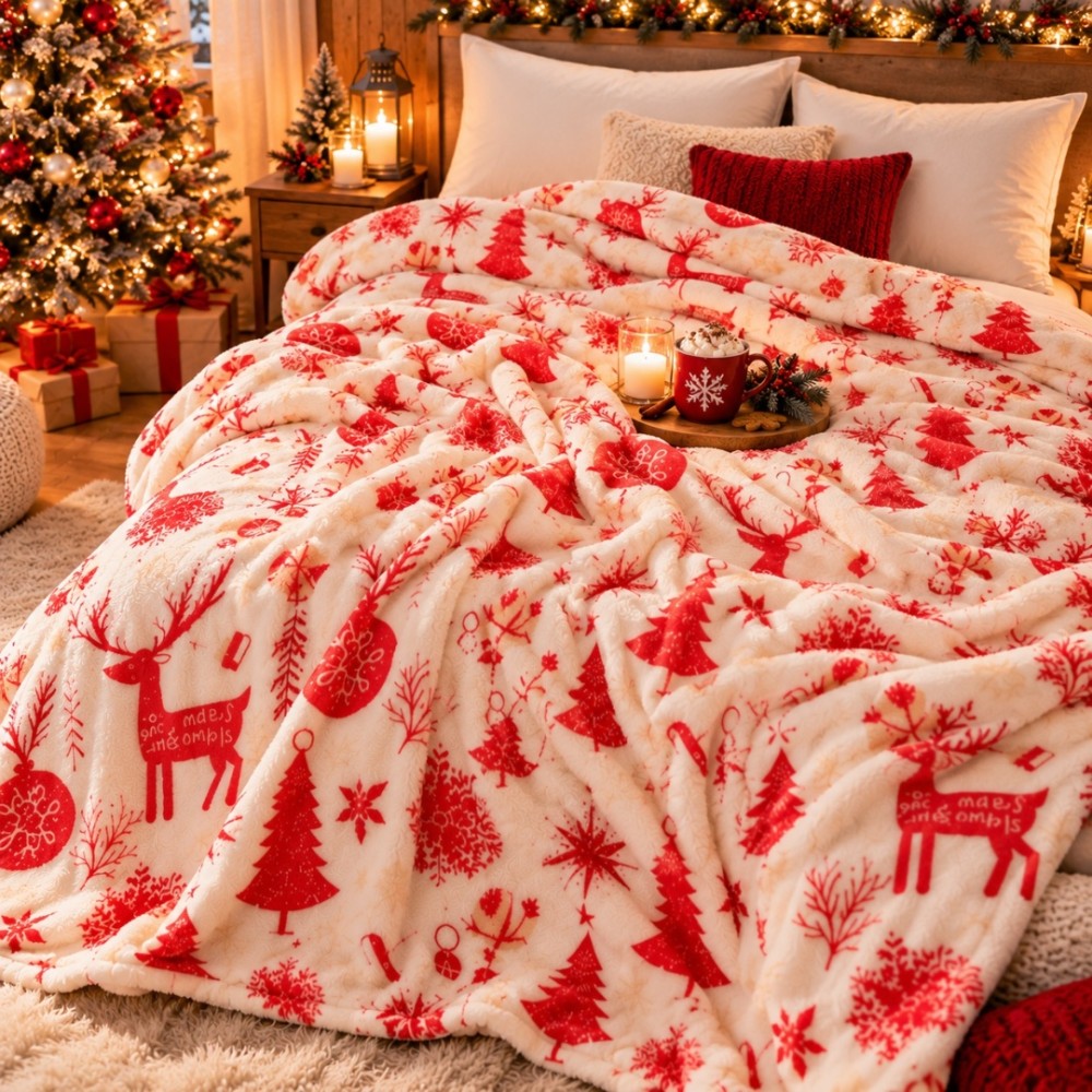 Patura Pufoasa Cocolino, model de Craciun, 200x230 cm, 240 g/mp, Crem, Reni, Braduti si Decoratiuni — imaginea 4