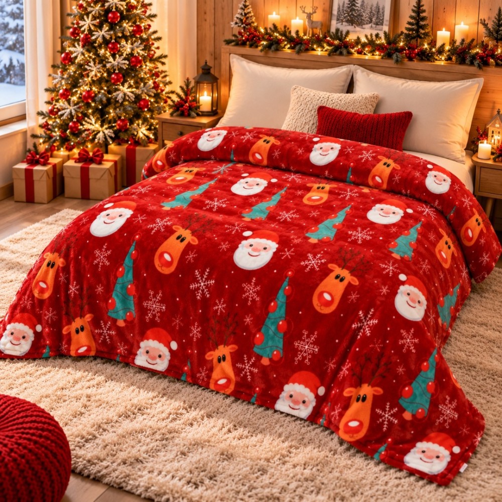 Patura Pufoasa Cocolino, model de Craciun, 200x230 cm, 240 g/mp, Rosu, Reni, Braduti si Decoratiuni — imaginea 2