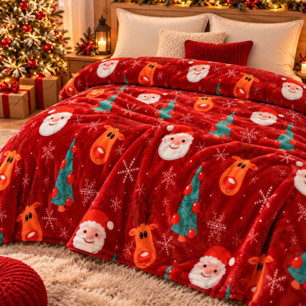 Patura Pufoasa Cocolino, model de Craciun, 200x230 cm, 240 g/mp, Rosu, Reni, Braduti si Decoratiuni — imaginea 3
