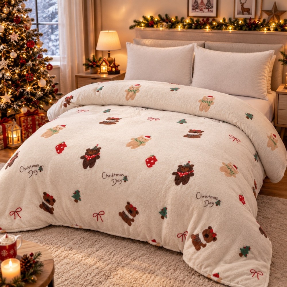 Patura Pufoasa Cocolino, model de Craciun, 200x230 cm, 240 g/mp, Crem, Motive de Sarbatoare — imaginea 2