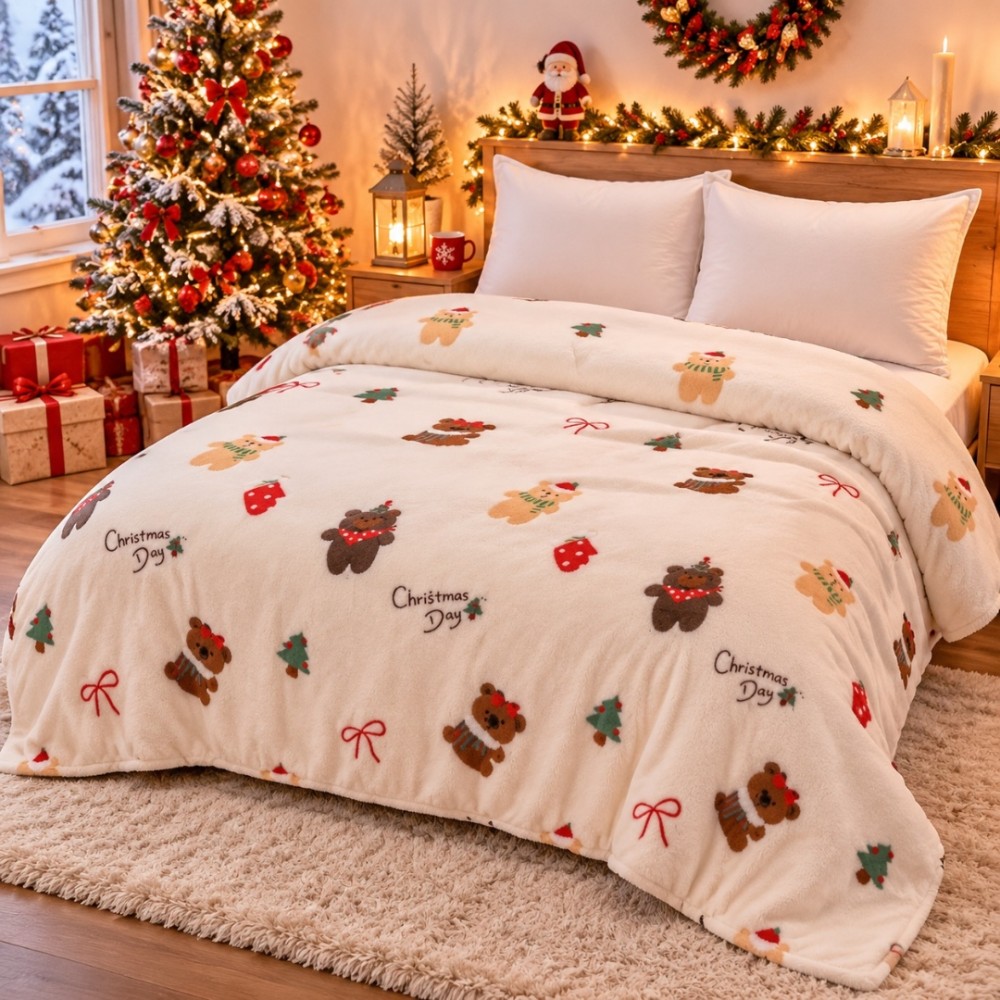 Patura Pufoasa Cocolino, model de Craciun, 200x230 cm, 240 g/mp, Crem, Motive de Sarbatoare — imaginea 3