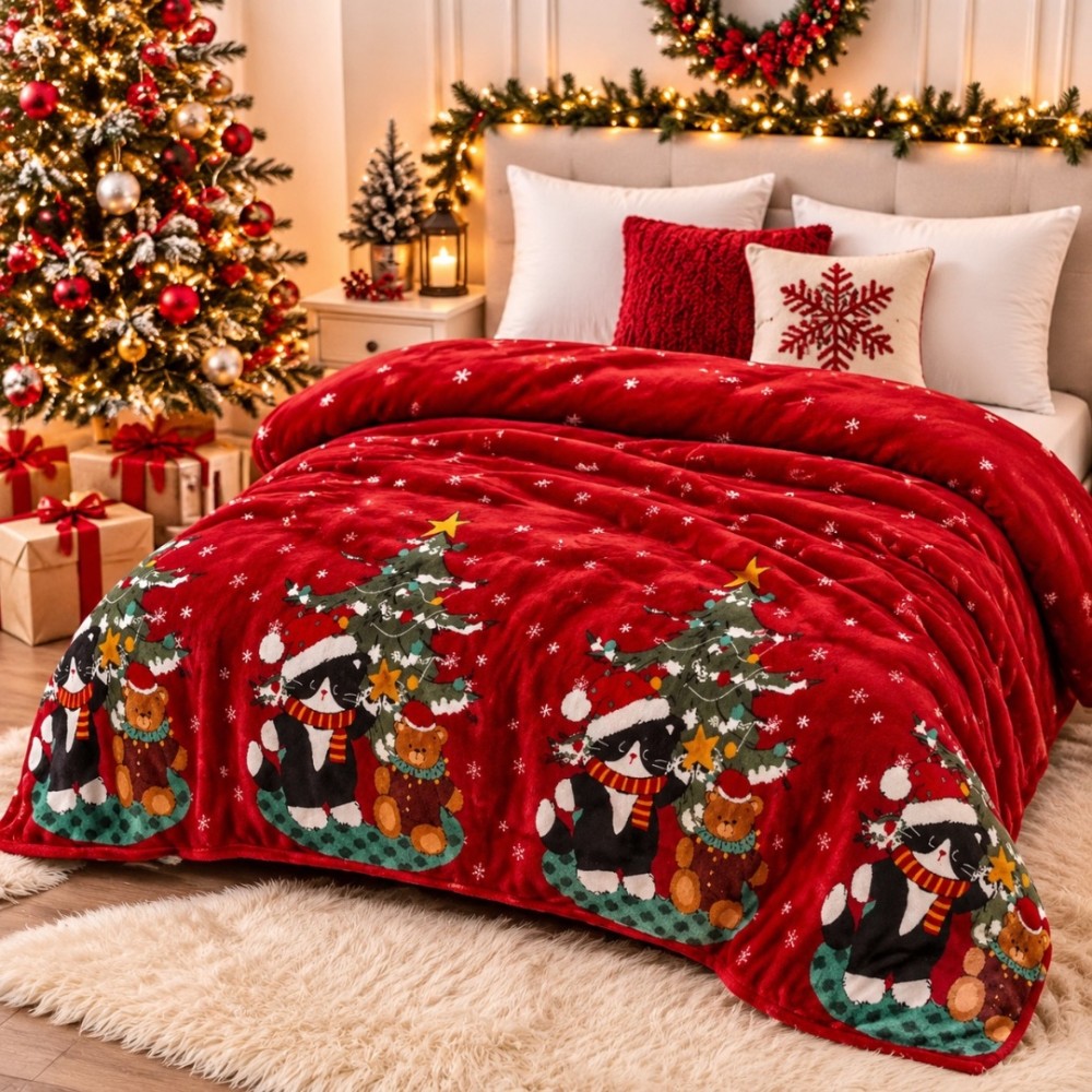 Patura Pufoasa Cocolino, model de Craciun, 200x230 cm, 240 g/mp, Rosu, Brazi — imaginea 2
