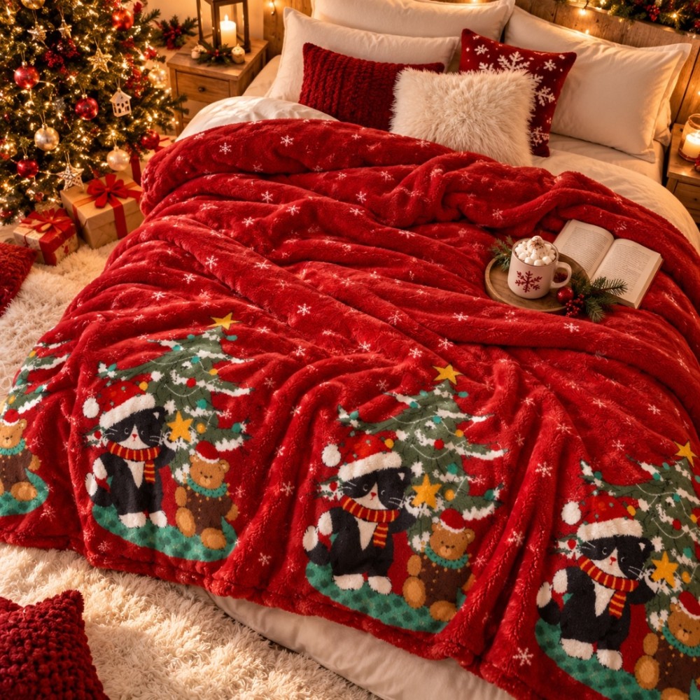 Patura Pufoasa Cocolino, model de Craciun, 200x230 cm, 240 g/mp, Rosu, Brazi — imaginea 3