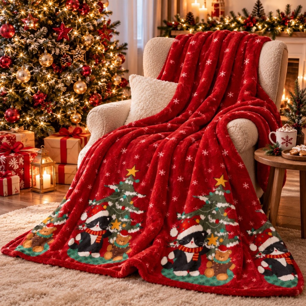 Patura Pufoasa Cocolino, model de Craciun, 200x230 cm, 240 g/mp, Rosu, Brazi — imaginea 6