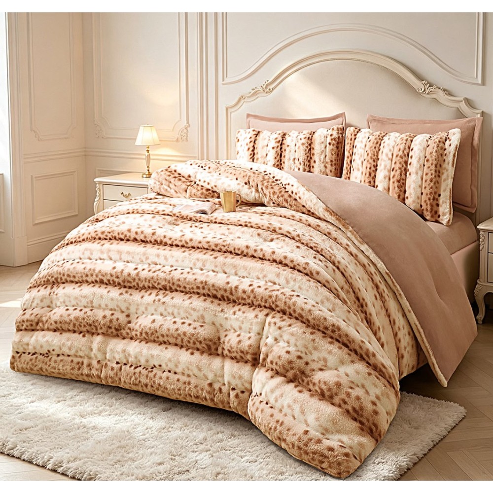 Lenjerie de pat cu Pilota Inclusa, Cearceaf cu Elastic, 6 Piese, Blana de Iepure Artificiala si Catifea, Animal Print, Alb cu Bej — imaginea 3
