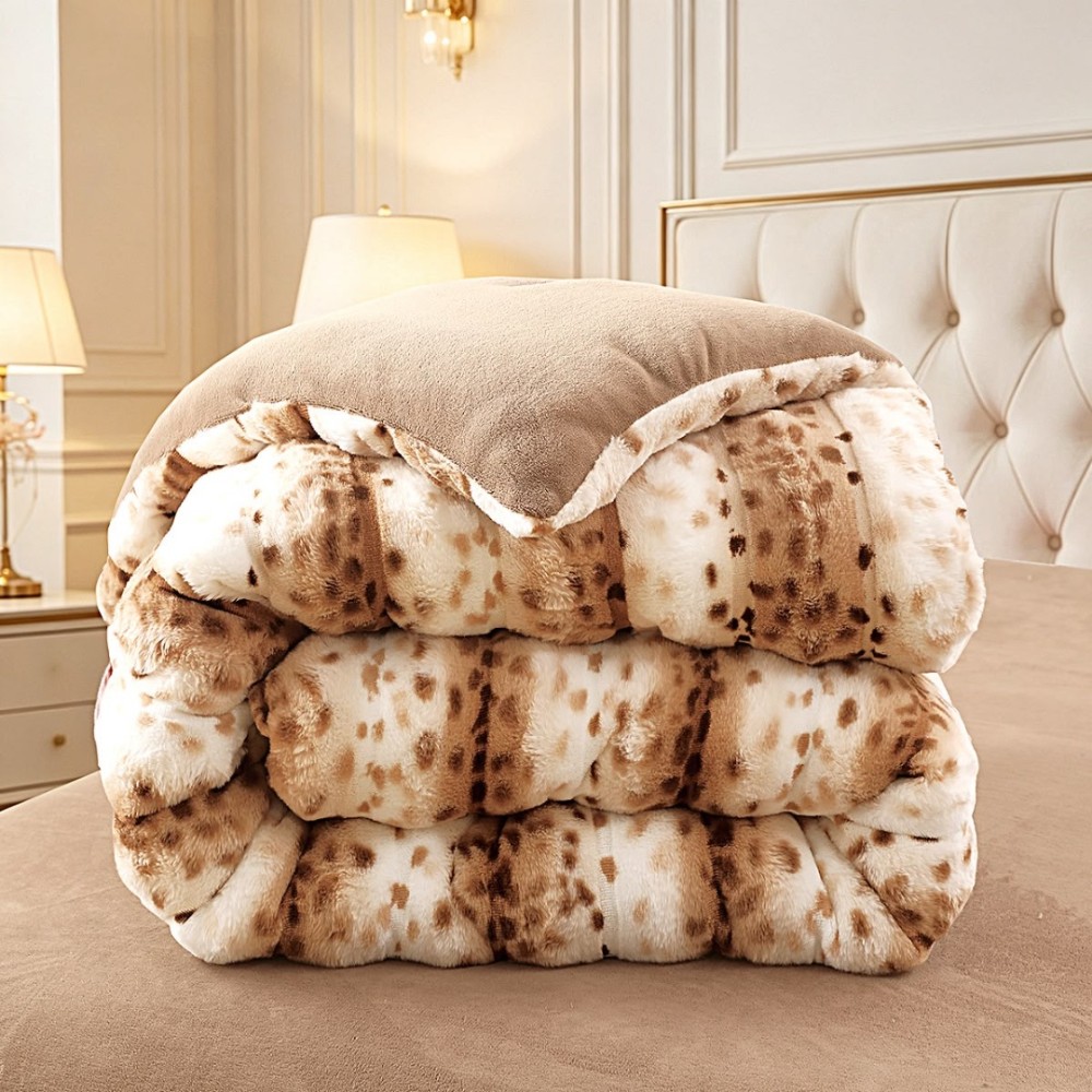 Lenjerie de pat cu Pilota Inclusa, Cearceaf cu Elastic, 6 Piese, Blana de Iepure Artificiala si Catifea, Animal Print, Alb cu Bej — imaginea 8