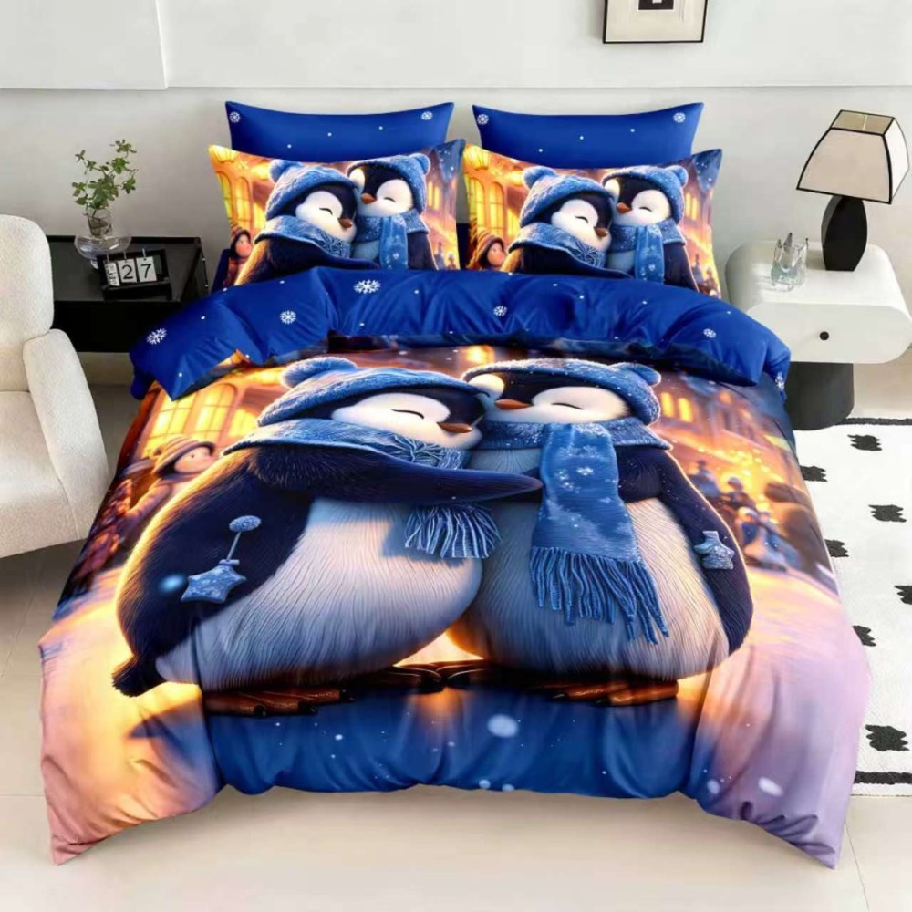 Lenjerie pat dublu, FINET, Digital Print, Craciun, Albastru, Pinguini desene — imaginea 3