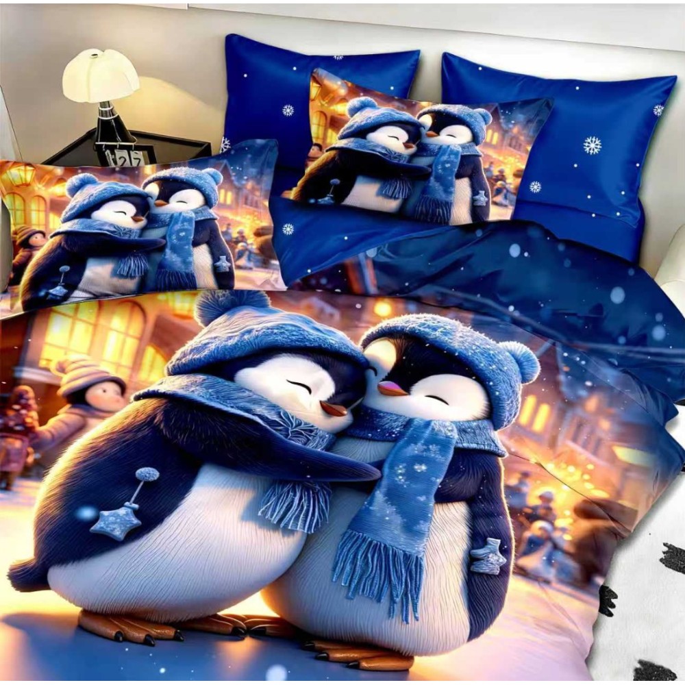 Lenjerie pat dublu, FINET, Digital Print, Craciun, Albastru, Pinguini desene — imaginea 4