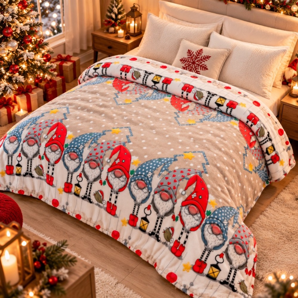 Patura Pufoasa Cocolino, model de Craciun, 200x230 cm, 240 g/mp, Bej, Gnomi — imaginea 3
