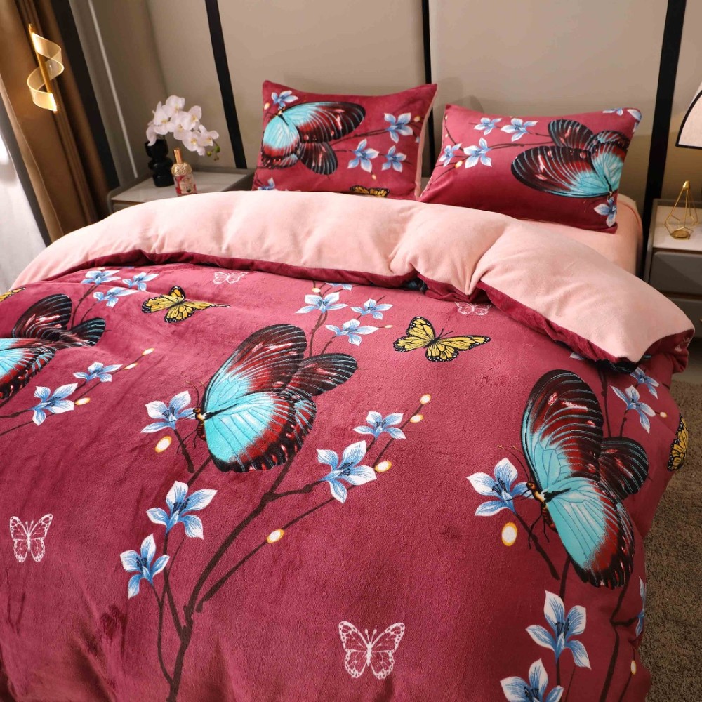 Lenjerie pat dublu, Super Pufoasa COCOLINO, 4 piese, Grena, Fluturi — imaginea 10