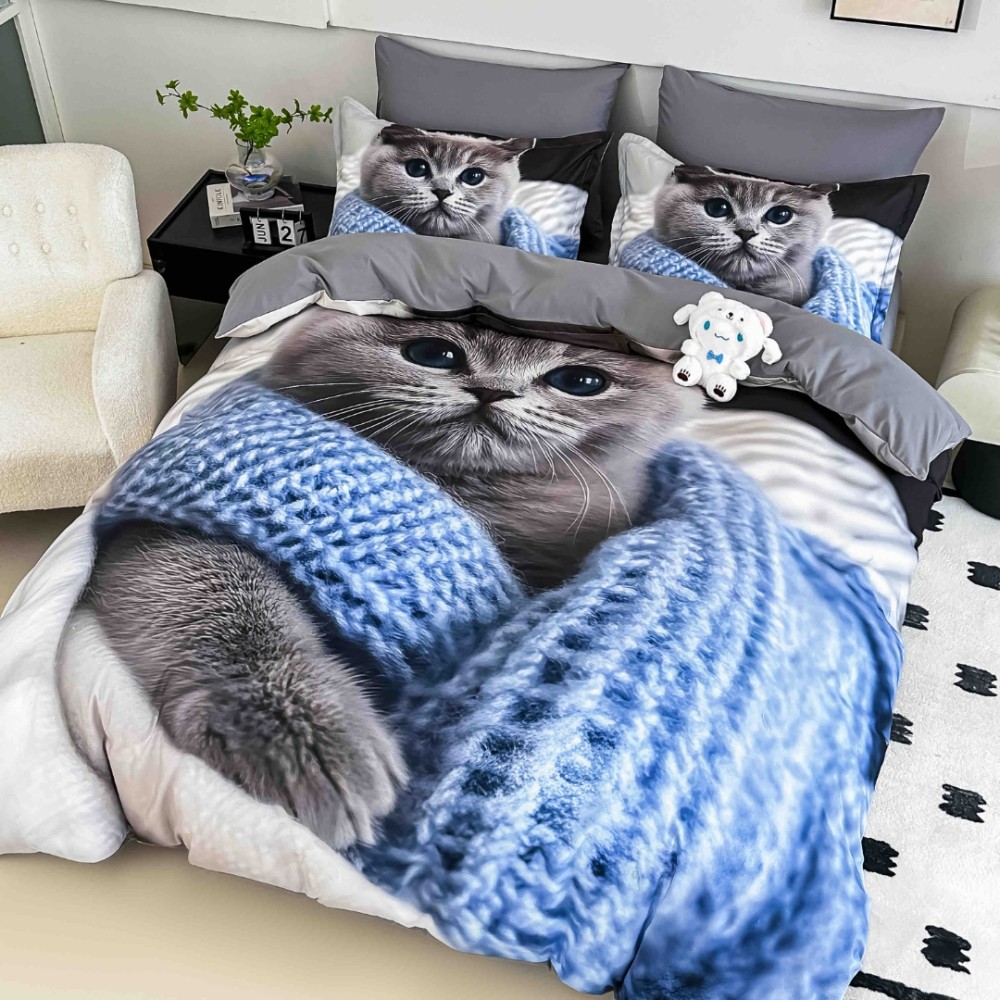 Lenjerie pat dublu, FINET, Imprimeu Digital 5D - Identic cu poza, Cu ELASTIC, 6 piese, Jojo Home, Gri, Bleu, Pisicuta — imaginea 2