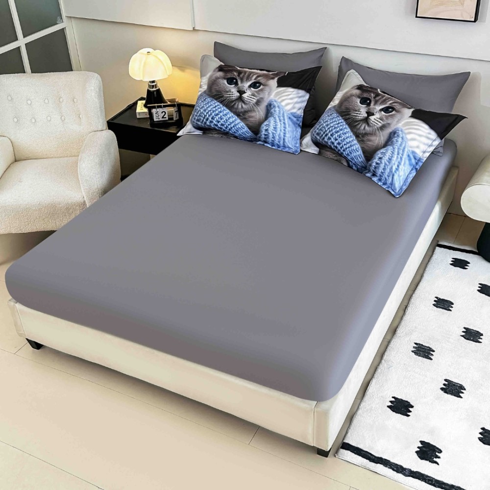 Lenjerie pat dublu, FINET, Imprimeu Digital 5D - Identic cu poza, Cu ELASTIC, 6 piese, Jojo Home, Gri, Bleu, Pisicuta — imaginea 4