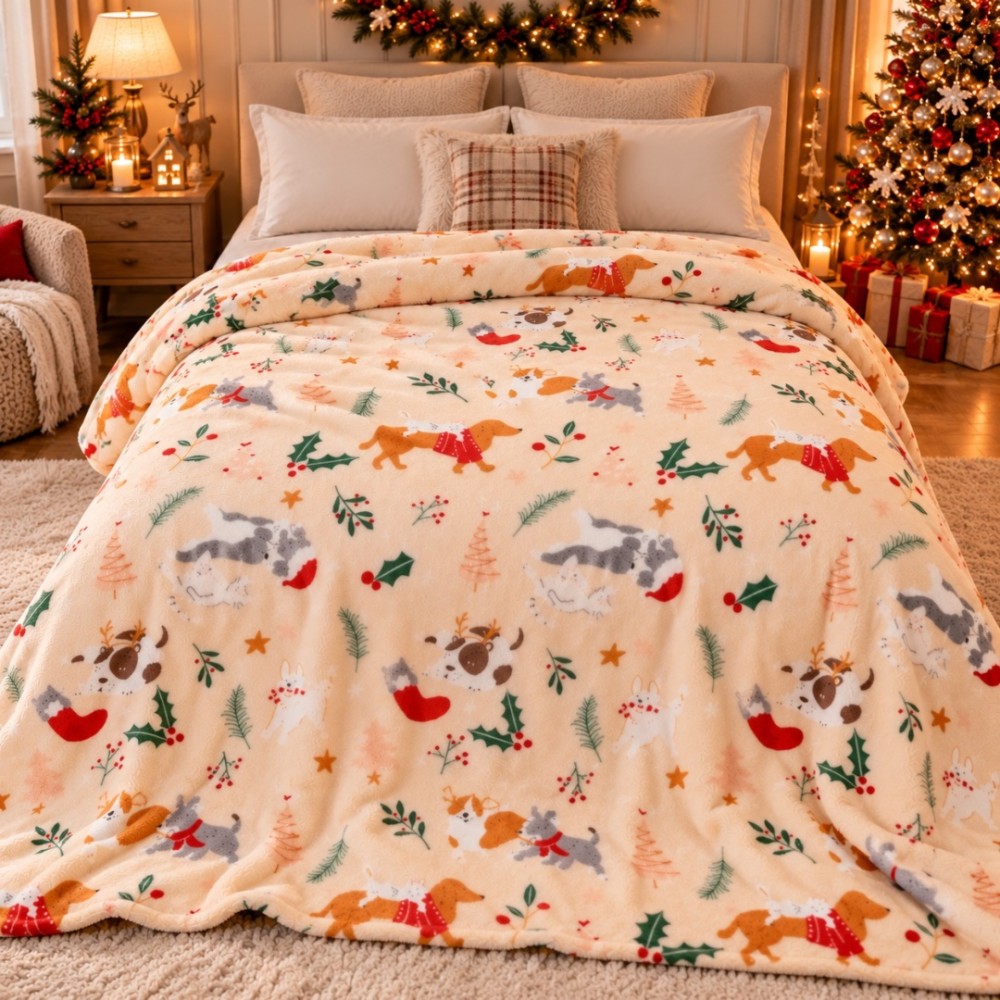 Patura Pufoasa Cocolino, model de Craciun, 200x230 cm, 240 g/mp, Crem, Motive de Sarbatoare — imaginea 2
