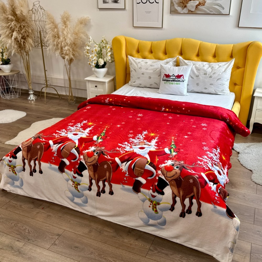 Patura pufoasa cocolino 200x230cm, 240g/mp, Rosu, Mos Craciun — imaginea 2