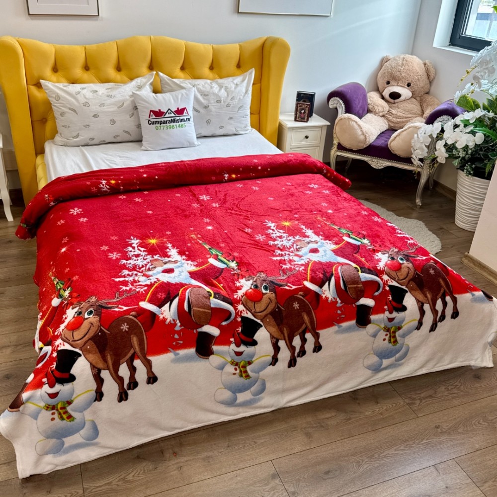 Patura pufoasa cocolino 200x230cm, 240g/mp, Rosu, Mos Craciun — imaginea 3