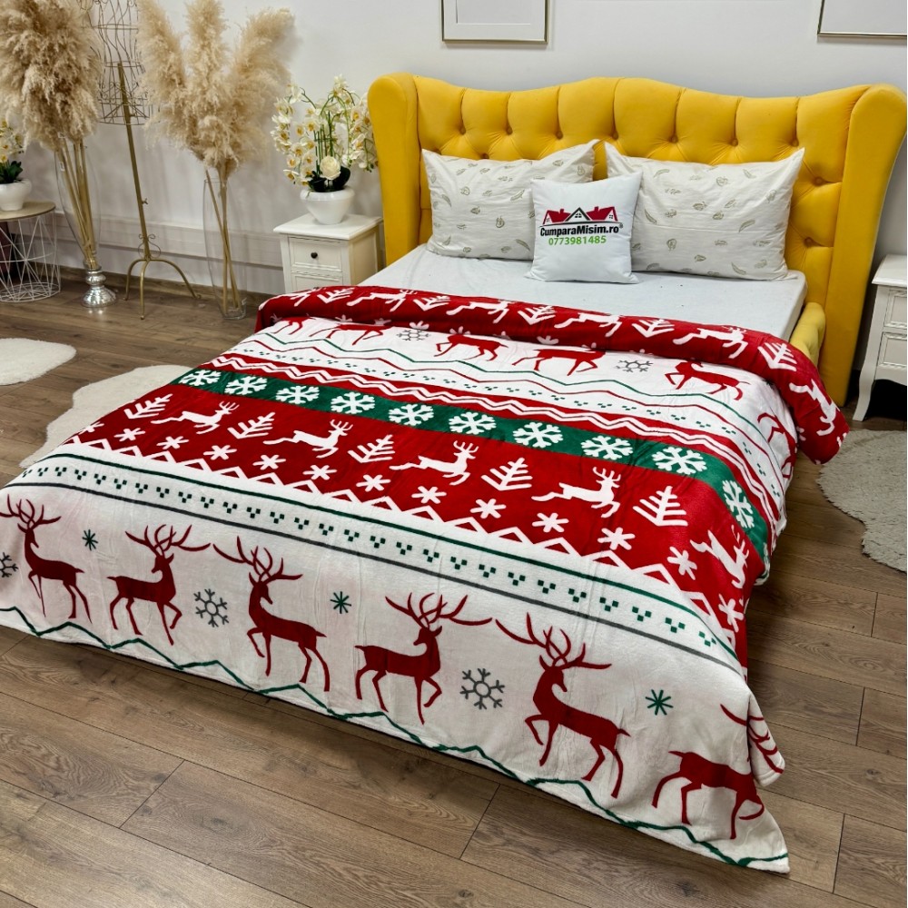 Patura pufoasa cocolino 200x230cm, 240g/mp, Rosu, Alb, Dungi, Reni — imaginea 2