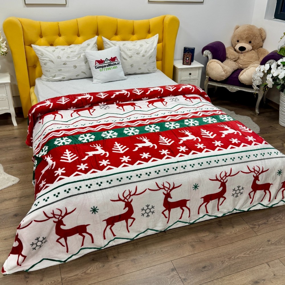 Patura pufoasa cocolino 200x230cm, 240g/mp, Rosu, Alb, Dungi, Reni — imaginea 3