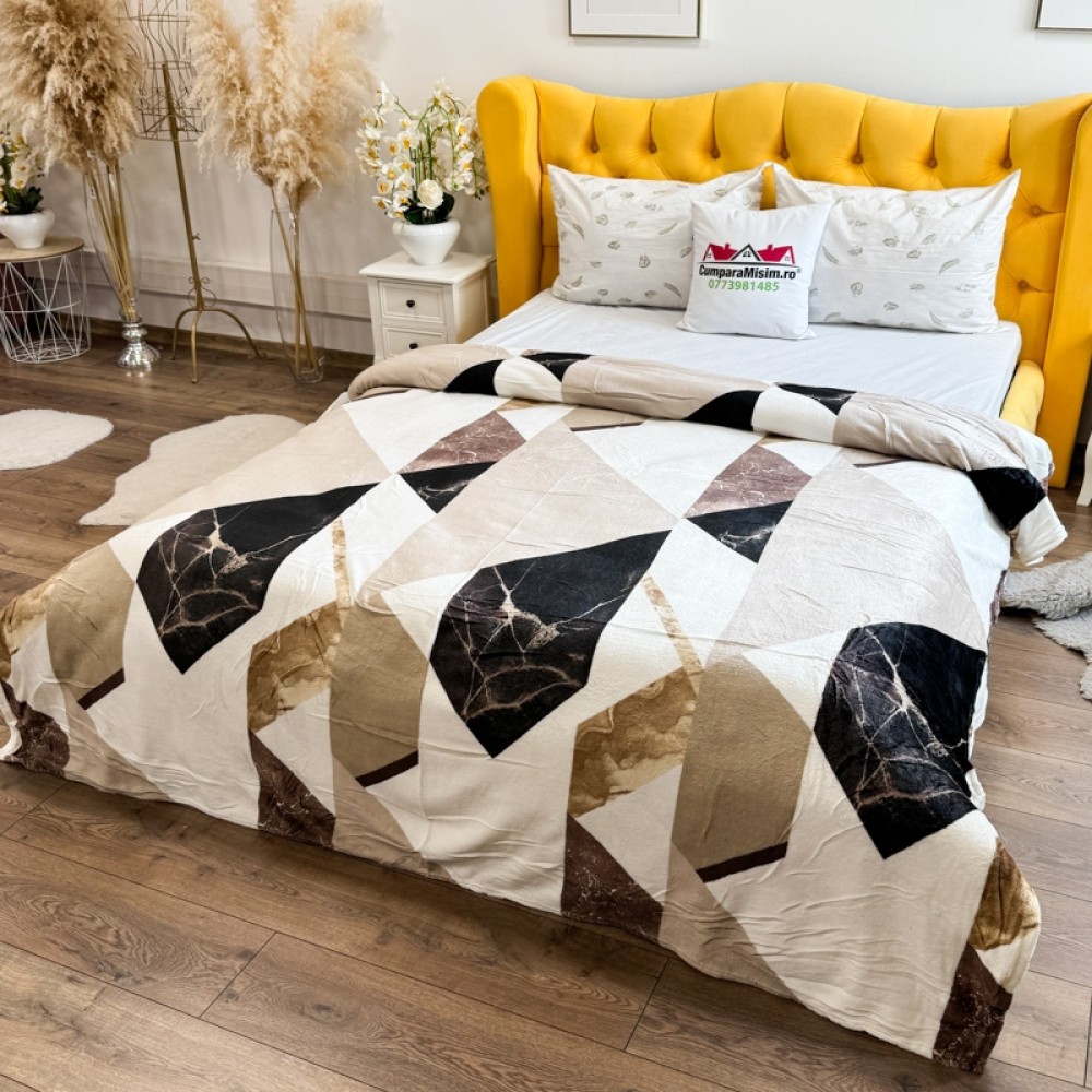 Patura pufoasa cocolino 200x230cm, 240g/mp, Crem, Maro, Forme Geometrice – imagine 2