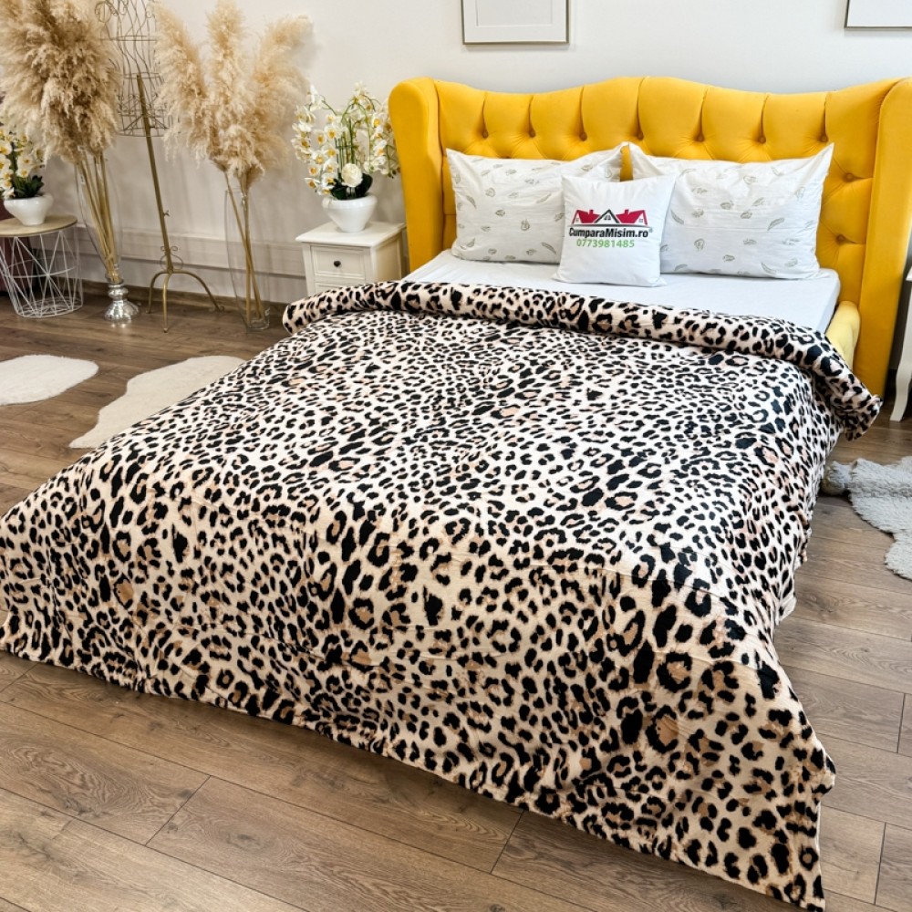 Patura pufoasa cocolino 200x230cm, 240g/mp, Crem, Maro, Animal Print — imaginea 2