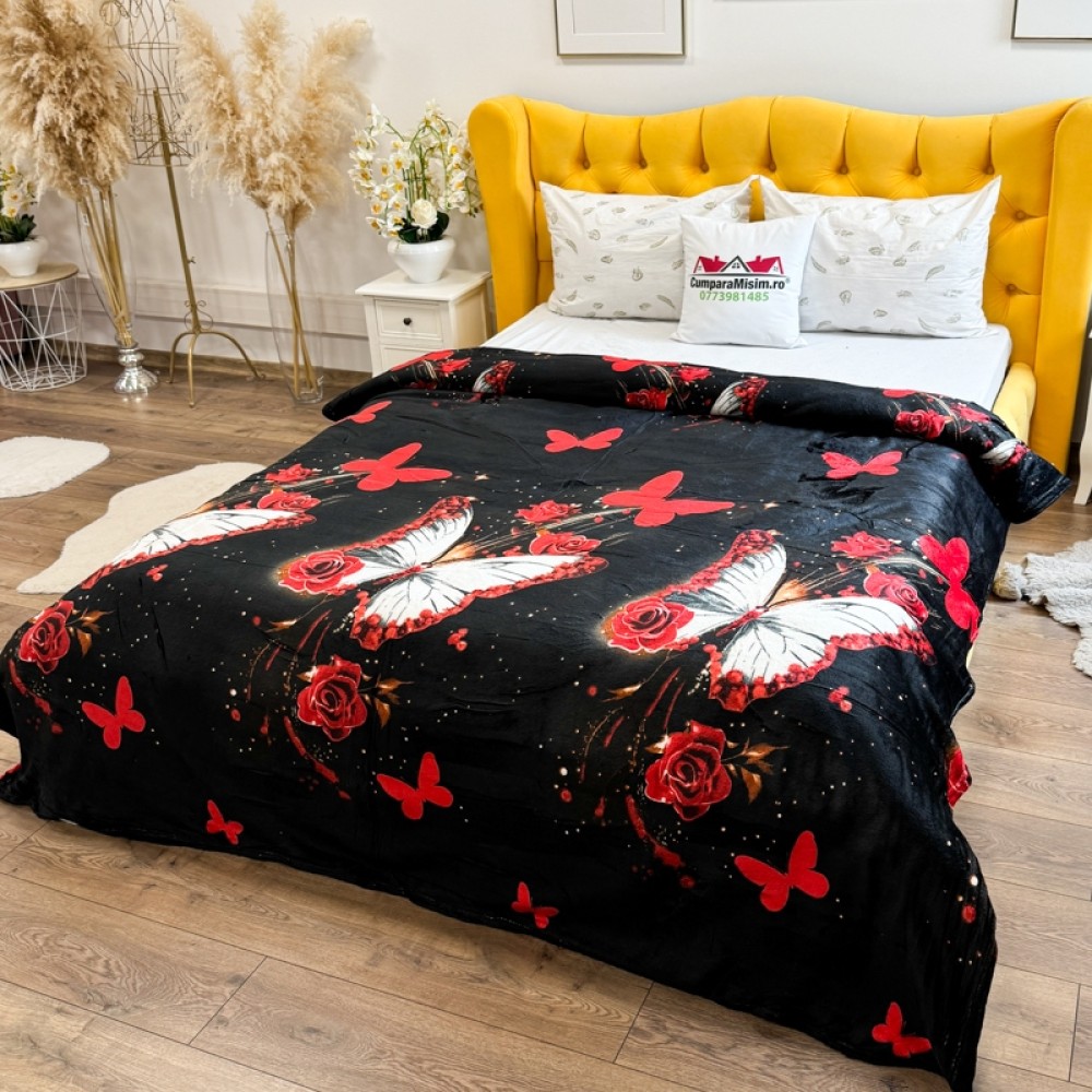Patura pufoasa cocolino 200x230cm, 240g/mp, Negru, Fluturi – imagine 2
