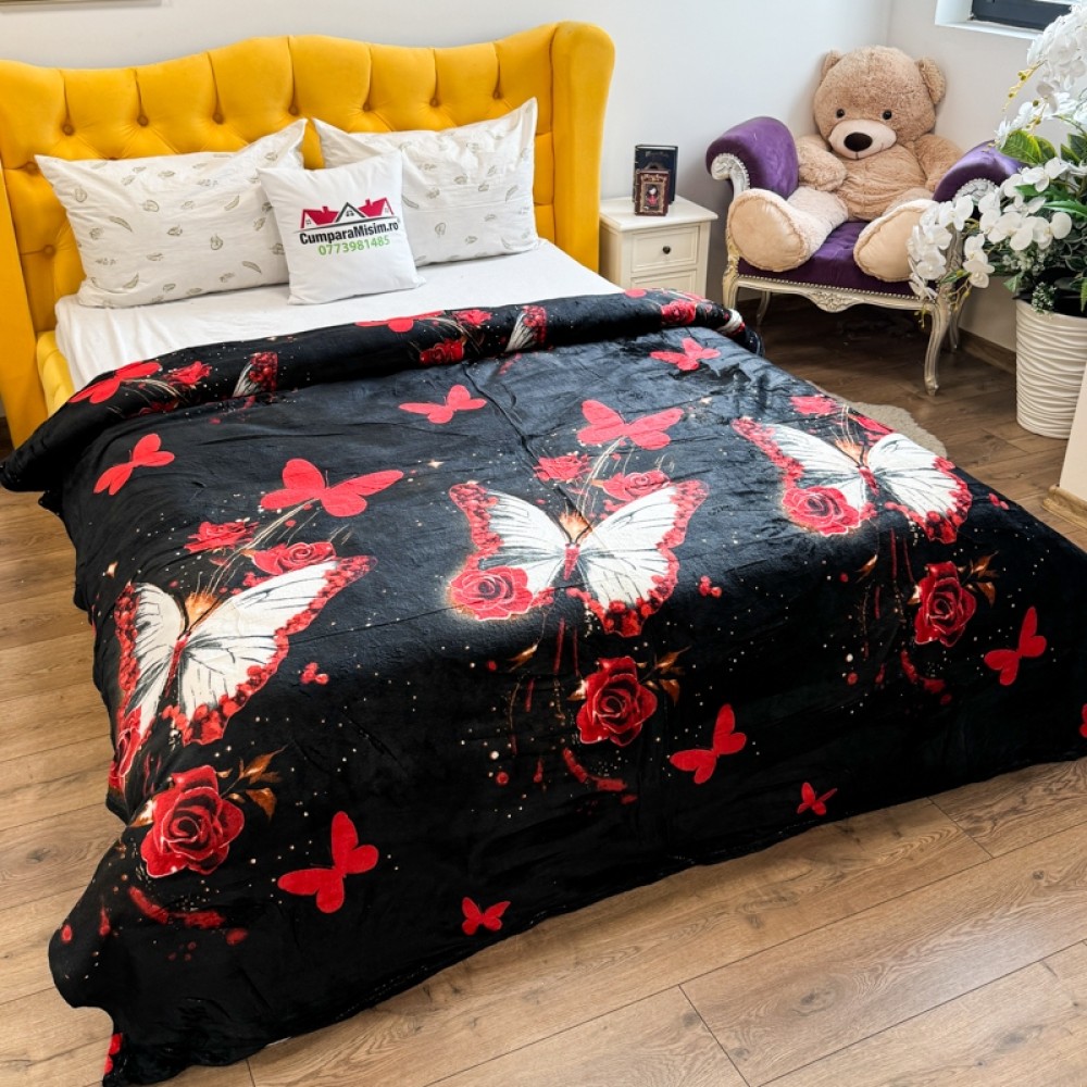 Patura pufoasa cocolino 200x230cm, 240g/mp, Negru, Fluturi – imagine 3