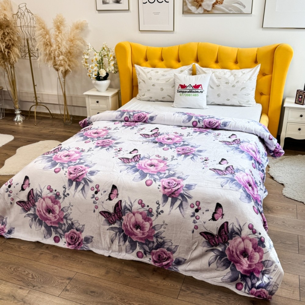 Patura pufoasa cocolino 200x230cm, 240g/mp, Lila, Mov, Fluturi – imagine 2