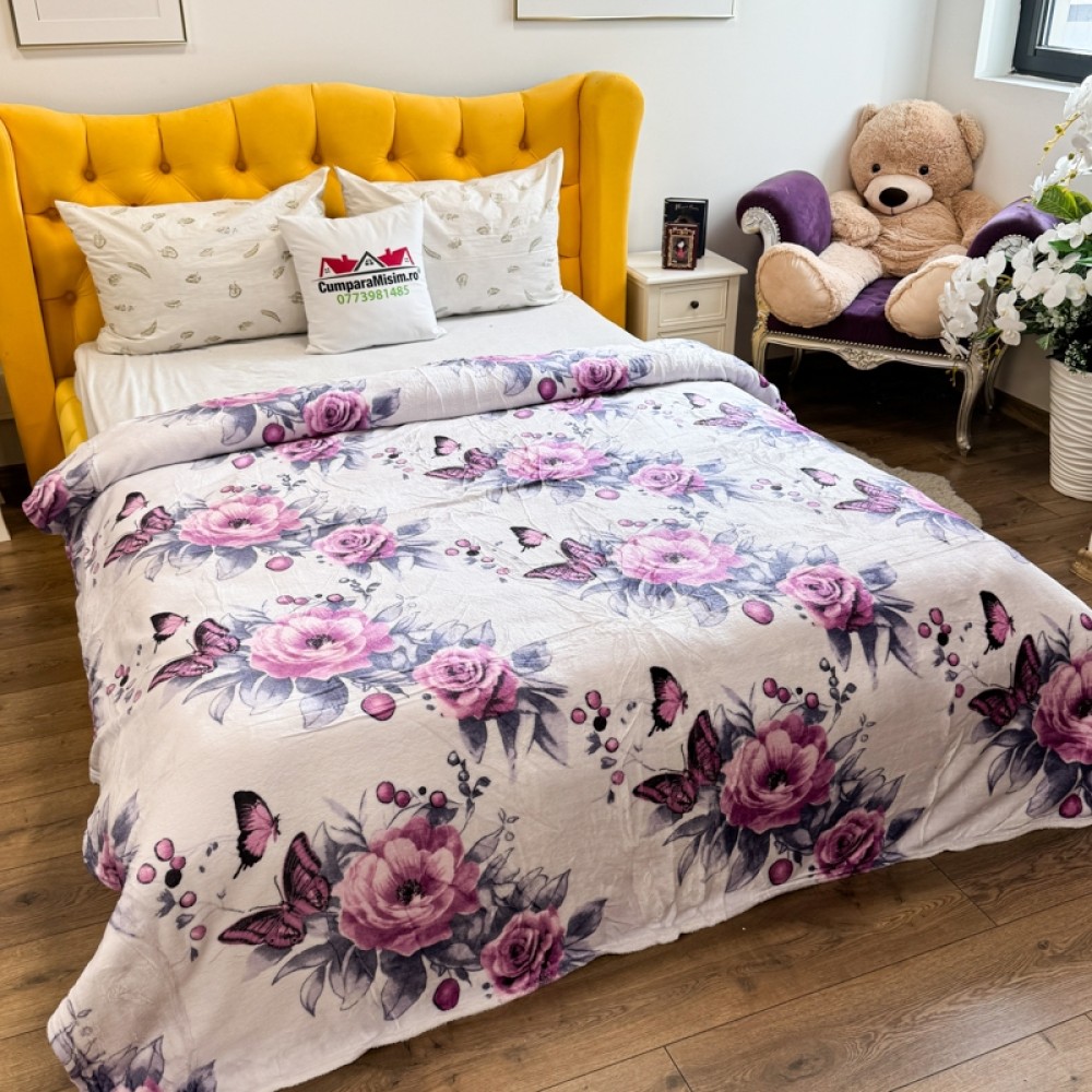 Patura pufoasa cocolino 200x230cm, 240g/mp, Lila, Mov, Fluturi – imagine 3