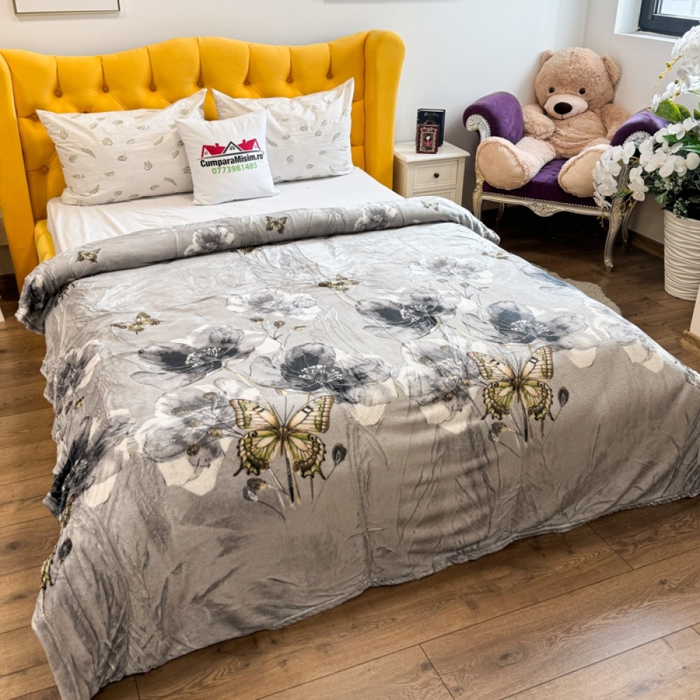 Patura pufoasa cocolino 200x230cm, 240g/mp, Gri, Flori – imagine 3