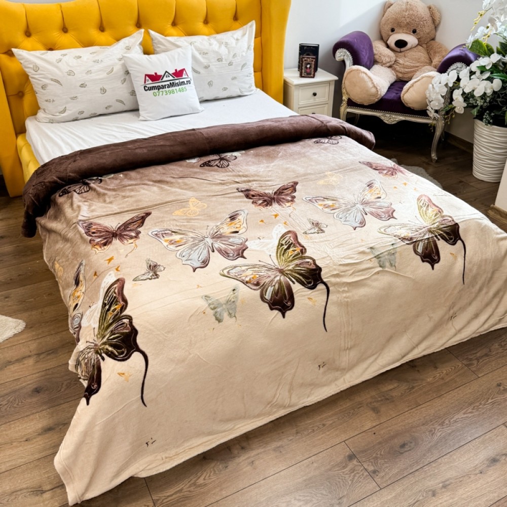 Patura pufoasa cocolino 200x230cm, 240g/mp, Bej, Maro, Fluturi – imagine 2