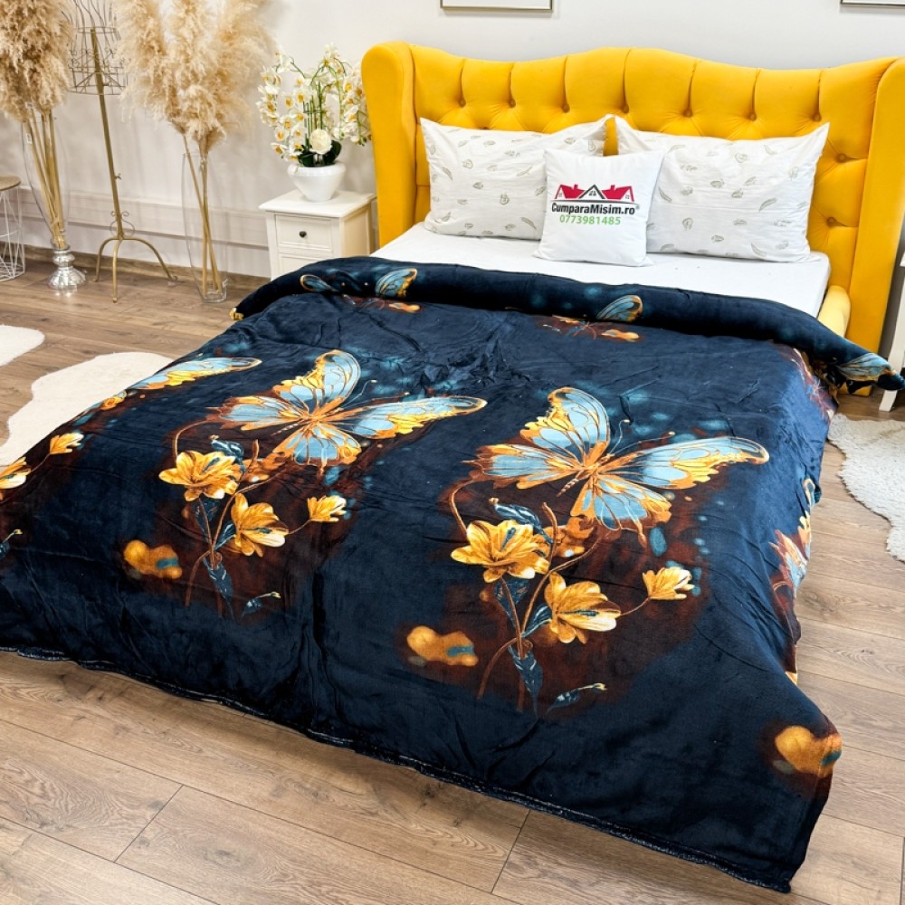 Patura pufoasa cocolino 200x230cm, 240g/mp, Bleumarin, Fluturi – imagine 2