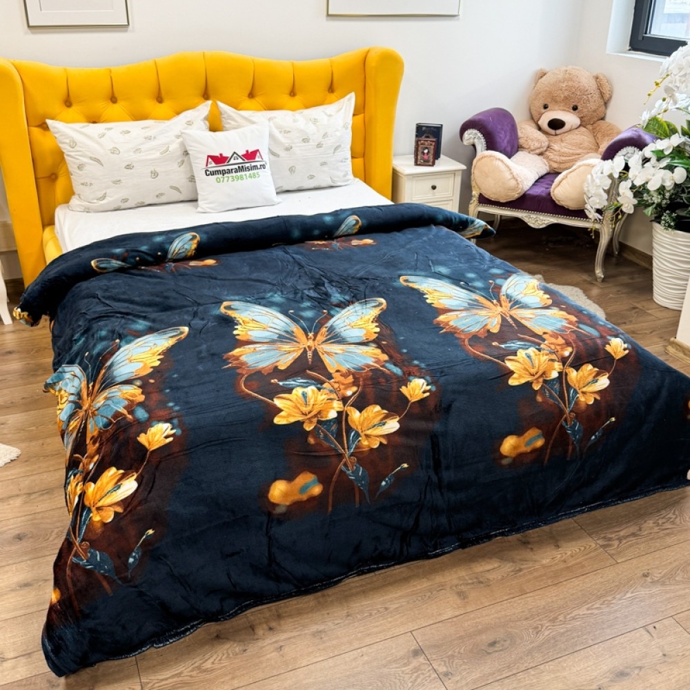 Patura pufoasa cocolino 200x230cm, 240g/mp, Bleumarin, Fluturi – imagine 3