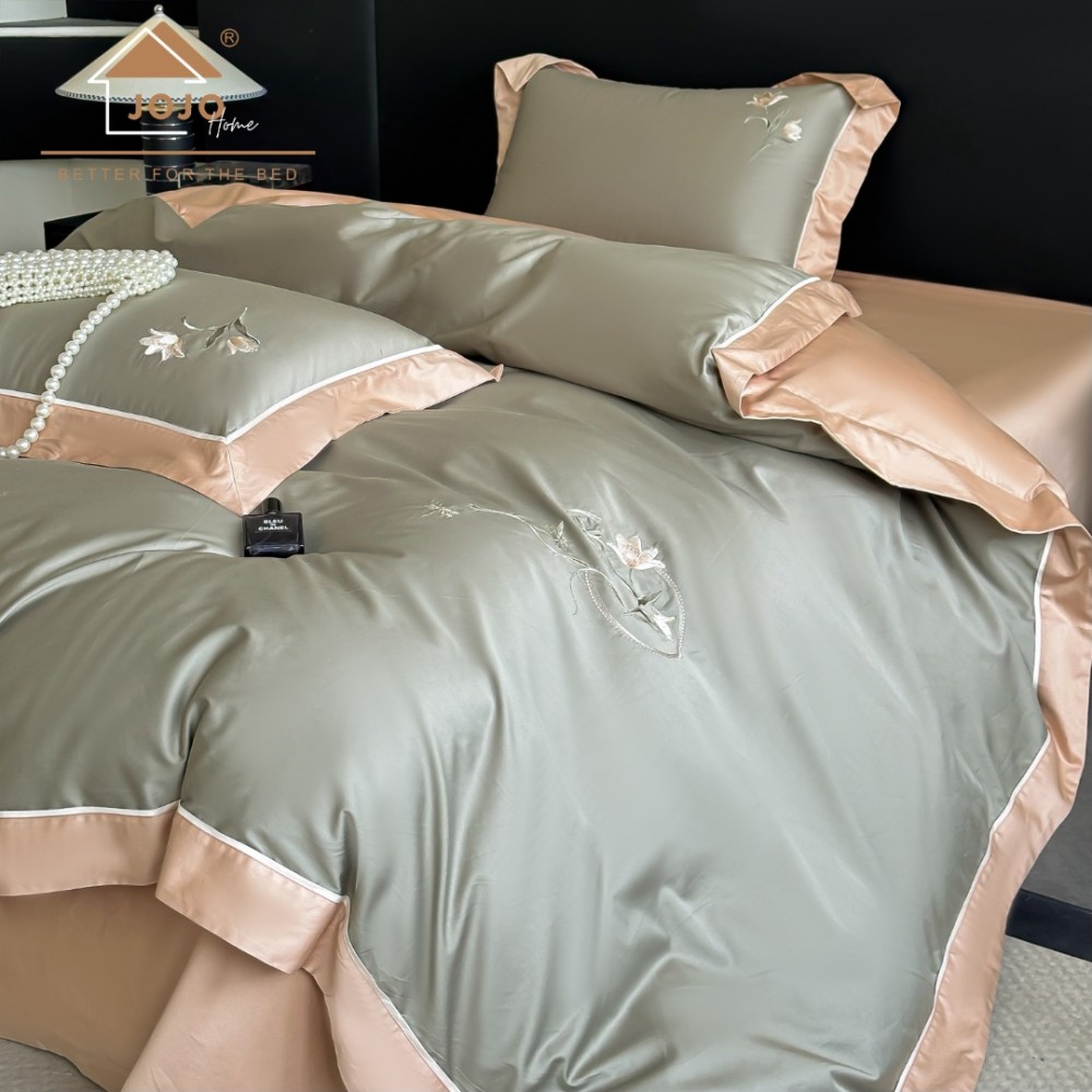 Lenjerie de Pat Premium Satin Deluxe cu Broderie Eleganta, Bumbac 100%, 4 Piese - Finete, Luciu Discret si Confort Superior, Grey, Beige, Lilly – imagine 2
