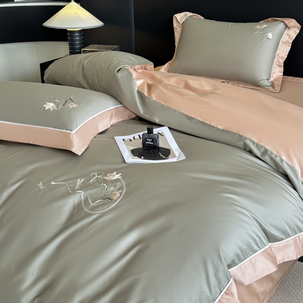 Lenjerie de Pat Premium Satin Deluxe cu Broderie Eleganta, Bumbac 100%, 4 Piese - Finete, Luciu Discret si Confort Superior, Grey, Beige, Lilly – imagine 3