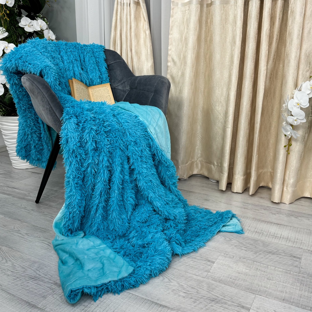 Patura Super Pufoasa CoCoLiNo, FLUFFY, cu blanita, 200x230cm, Albastru aprins - 3 | YEO