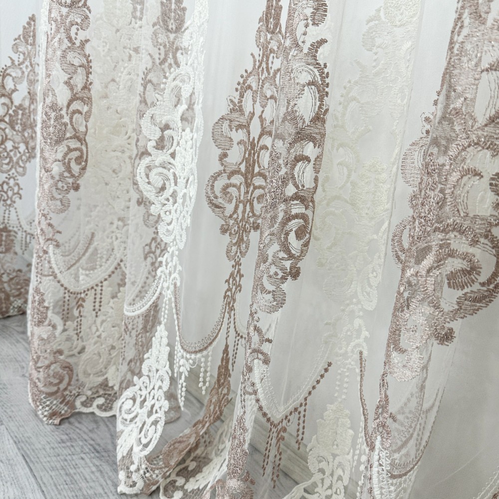 Set 2 Perdele Emerald din Tulle cu Broderie, model elegant, Alb - Roze, 150cm latime x 160cm inaltime, cu rejansa pentru sina – imagine 5