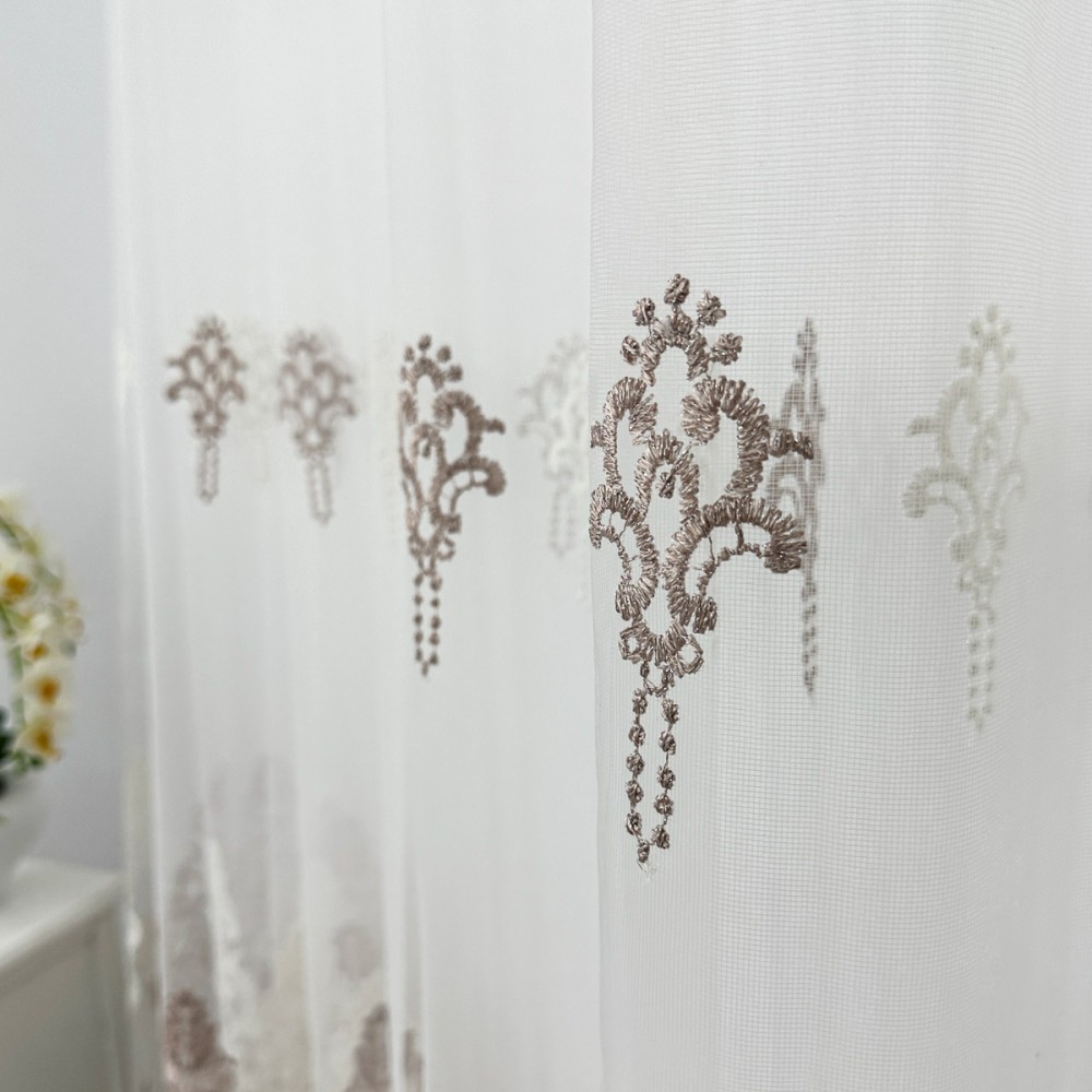 Set 2 Perdele Emerald din Tulle cu Broderie, model elegant, Alb - Roze, 150cm latime x 160cm inaltime, cu rejansa pentru sina – imagine 6