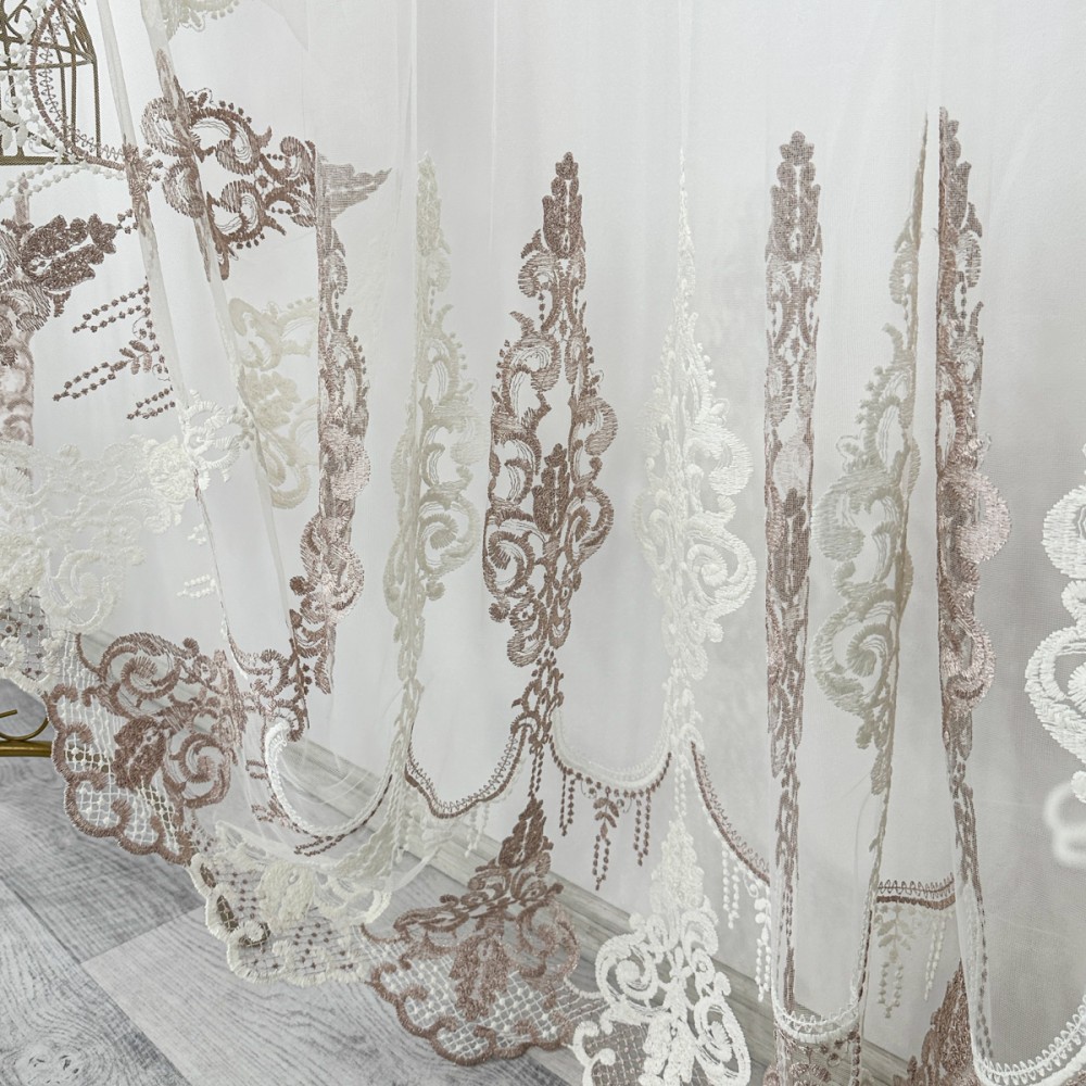 Set 2 Perdele Emerald din Tulle cu Broderie, model elegant, Alb - Roze, 150cm latime x 160cm inaltime, cu rejansa pentru sina — imaginea 9